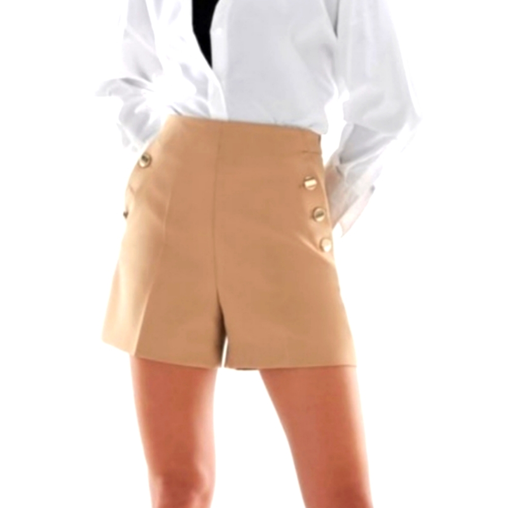 Tan Button-Detail Shorts